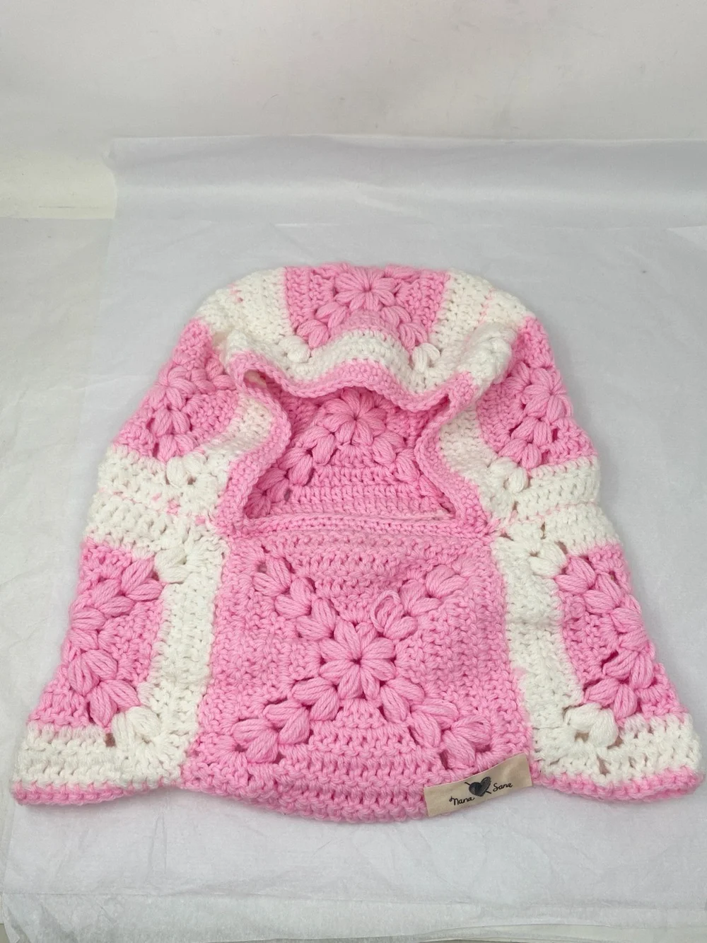 Handmade Crochet Knit Granny Square Balaclava Hood Scarf Floral Pink & White